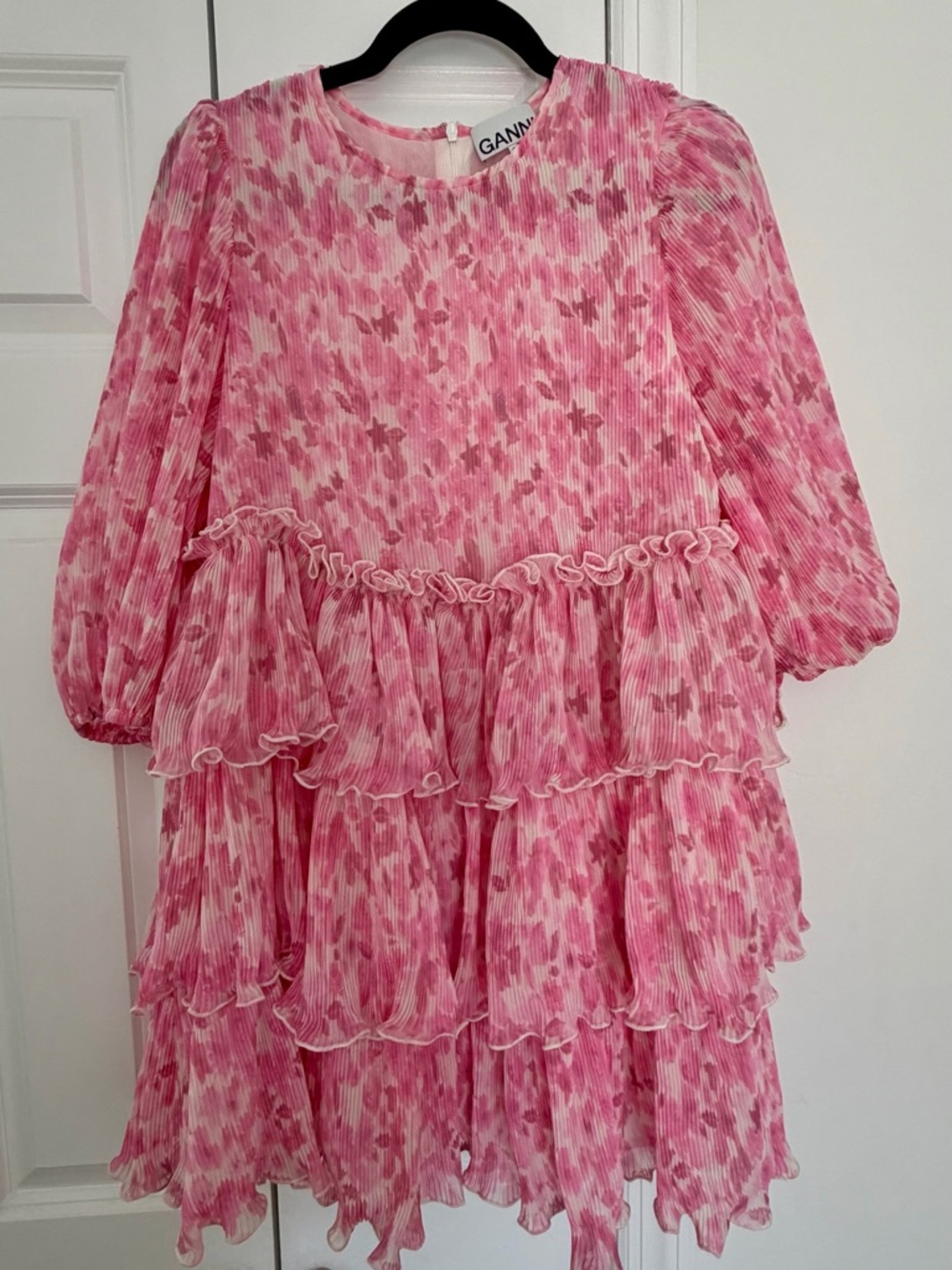 Ganni Pink Floral Tiered Ruffle Mini Dress